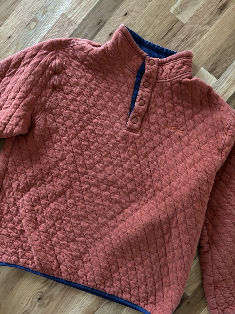 Orvis Sweater Mens Large Orange Quilted Snap Mock Neck Pullover Lined Warm Retro